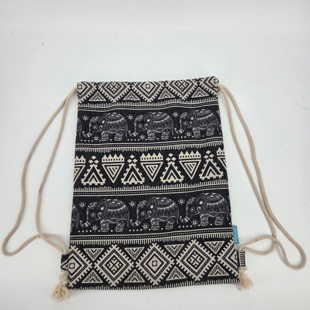 Miomao Black Cream Elephant Tribal Geometric Woven Drawstring Backpack Boho Bag